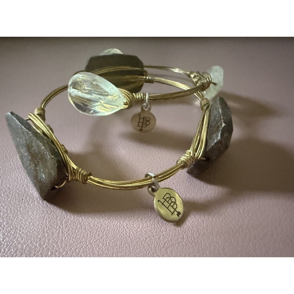 Bourbon and Boweties Set of 2 Gold Wire Wrapped Raw Stone Crystal Bangles